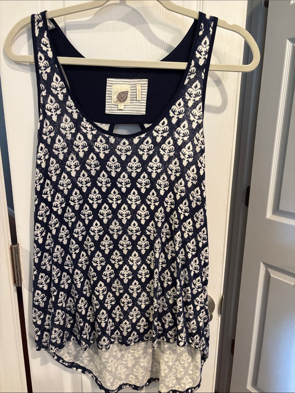 Anthropologie Navy and White Printed Scoop-Neck Tank